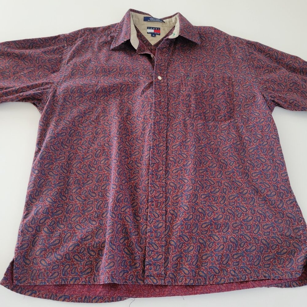 Vintage Tommy Hilfiger Burgundy Paisley Long Sleeve Shirt Size Large EUC